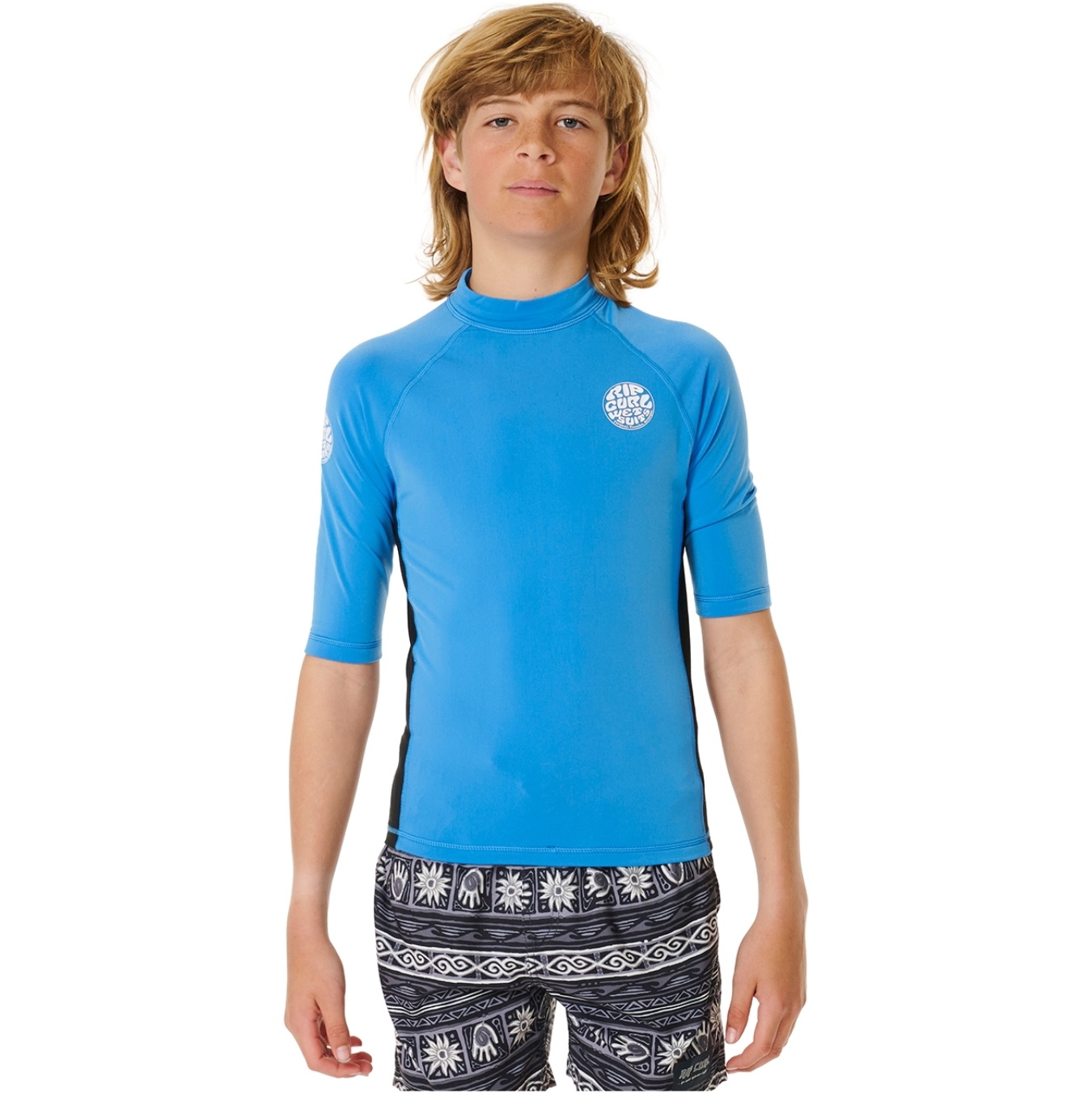 2025 Rip Curl Junior Icons UV Brushed Short Sleeve Rash Guard 11ZBRV - Blue Gum